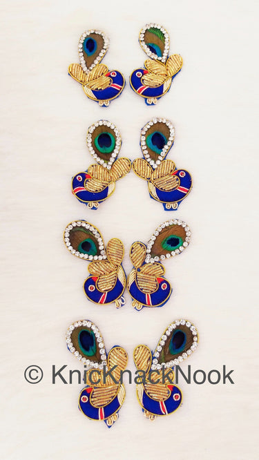 Hand Embroidered Peacock Applique In Blue, Red and Gold Embroidery With Peacock Feather And Rhinestone Beads, Zardozi Work
